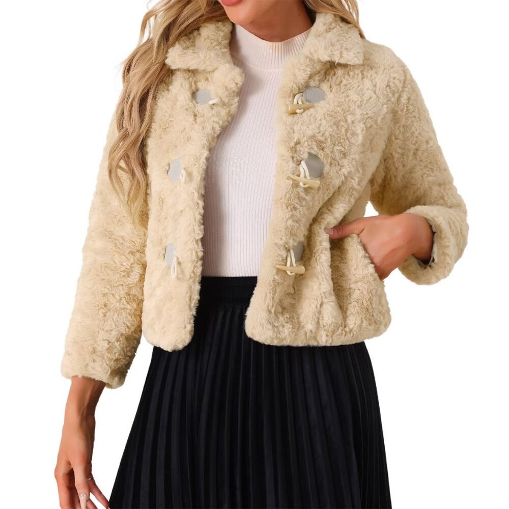Allegra K Women's Faux Fur Fluffy Collar Cropped Winter Warm Outwear Casual Coat